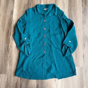 Habitat Clothes to Live In Teal Blue Asymmetrical Button Down Tunic Top S